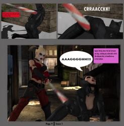 2girls 3d alstair2 batman:_arkham_city batman_(series) catwoman catwoman_(arkham) catwoman_(arkham_city) comic comic_page cuntbusting dc dc_comics harley_quinn harley_quinn_(arkham) harley_quinn_(arkham_city) low_blow multiple_girls selina_kyle