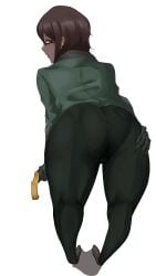 ass ass_focus bent_over brown_hair cagez cane dark-skinned_female dark_skin ear_piercing female female_focus female_only from_behind fully_clothed glasses green_jacket green_pants jacket limbus_company lipstick looking_at_viewer looking_back orange_eyes outis_(limbus_company) pants presenting presenting_ass project_moon short_hair standing white_background