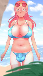 1futa beach bikini charlotte charlotte_(rirouku) color futa_only futanari gaikiken glasses intersex large_breasts penis_outline penis_under_clothes penis_under_swimsuit red_eyes red_hair solo solo_futa sunglasses sunglasses_on_head swimsuit tan tan_lines