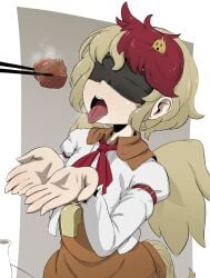 1girls blindfold blindfolded blonde_female blonde_hair chicken food humanoid kutaka_niwatari light-skinned_female light_skin open_mouth tongue tongue_out touhou