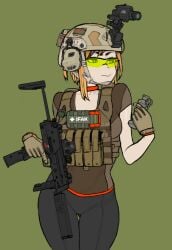 bulletproof_vest glasses gloves green_eyes gun headset helmet leggings nightvision orange_hair original original_character submachine_gun suppressor tactical_gear vest wabaki