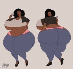 black_hair blue_eyes chubby_belly dark-skinned_female dark_skin dominant heart_necklace hippycore huge_ass huge_breasts jeans pink_panties plump_lips red_lipstick tall_female wine_glass