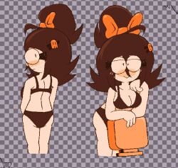 behind_view bent_over blush blush blush_lines blushing_at_viewer bow bra brown_hair cartoony female female_only front_view glasses hair_pin item_box_(sonic) looking_at_viewer orange_bow orange_tint panties pixel_art shaun shaun_(nanont) skull smile smiling smiling_at_viewer