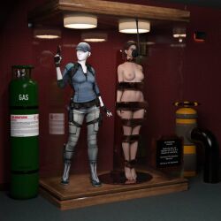 1girls 3d arms_at_sides asleep barefoot boots bound bound_arms bound_legs bound_neck breasts brown_hair brunette captured captured_heroine chloroform clothes_removed completely_nude completely_nude_female defeated defeated_heroine display display_case drugged eyes_closed eyeshadow feet forniphilia gas_mask gun handgun helpless helpless_female human_furniture human_trophy immobile indoors jill_valentine legs_together living_statue living_trophy mannequin midriff name_tag nipples nude nude_female oldmanjaay overhead_light permanent_bondage plaque pussy_obscured red_wall resident_evil sign solo_female stasis_chamber stationary_restraints stripped stripped_naked suspension suspension_bondage toned_female toned_stomach trophy_case unconscious