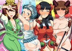 4girls alternate_costume amagi_yukiko ass clothed clothed_female clothing coca costume covered_nipples covering_crotch embarrassed embarrassed_female embarrassed_nude_female fully_clothed fully_clothed_female fuuka_yamagishi lineup maki_sonomura makoto_niijima nude nude_female persona persona_1 persona_3 persona_4 persona_5 priestess_arcana trait_connection