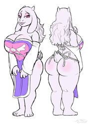 1girls 4_toes anthro apron ass big_ass body_blush bottomless breasts caprine cleavage curly_hair eyelashes eyeshadow female female_only furry goat horns huge_breasts kneepits long_hair looking_at_viewer mammal model_sheet partially_clothed sideboob signature smile solo standing tail thewill thick thick_thighs toes toriel tutori_(under(her)tail) under(her)tail undertale undertale_fanfiction video_games voluptuous white_background white_fur white_hair wide_hips