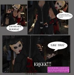 2girls 3d alstair2 batman:_arkham_city batman_(series) catwoman catwoman_(arkham) catwoman_(arkham_city) comic comic_page cuntbusting dc dc_comics harley_quinn harley_quinn_(arkham) harley_quinn_(arkham_city) low_blow multiple_girls selina_kyle