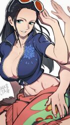 1girls akuma_no_mi artist_name big_breasts black_hair blue_eyes blush breasts cleavage collarbone commentary crop_top eyewear_on_head female female_only fingernails fit_female grey_background hana_hana_no_mi hands_up highres hourglass_figure large_breasts lhata4564 light-skinned_female long_hair looking_at_viewer mature_female midriff multi_arm multi_limb navel nico_robin one_piece simple_background slim_waist smile solo solo_female sunglasses sweat wide_hips