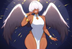 1boy ai_generated alriel angel bulge curvy dark-skinned_male dark_skin divine_slut femboy girly hair_over_eyes male male_only mullon novelai original original_character solo thick_lips thick_thighs white_clothing white_hair white_lips wings