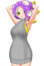 1girls armpits arms_behind_head blush breasts green_eyes hair_up hands_behind_head hi_res hourglass_figure light-skinned_female light_skin long_hair medium_breasts multicolored_hair nintendo nobunagapero octoling octoling_girl peronattu purple_hair simple_background solo splatoon splatoon_(series) sweater tentacle_hair upscaled virgin_killer_sweater white_background yellow_hair