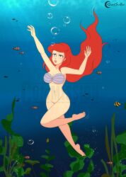 1girls air_bubbles aquaphilia ariel ariel_(the_little_mermaid) barefoot bottomless bra bra_only breasts bubbles cleavage darkseether disney drowning feet female human humanized navel ocean pussy sea shell_bra solo the_little_mermaid underwater water