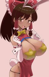 1girls agucala_(cookie) brown_eyes brown_hair bunny_ears comona13 cookie_(touhou) dark-skinned_female huge_breasts reimu_hakurei solo solo_female thong touhou