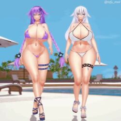 2girls 3d animated areola_slip beach big_breasts bikini black_heart blue_eyes cleavage female front_view full_body goddess high_heels hips light-skinned_female light_skin long_hair looking_at_viewer mp4 neptune_(neptunia) neptunia_(series) no_sound noire purple_hair purple_heart_(neptunia) taf4mad thick_thighs thigh_strap twin_braids video walking white_hair