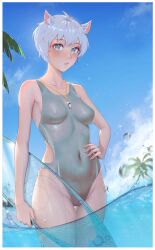 beach belly_button blue_eyes blush breasts cameltoe furry_ears lifeguard looking_at_viewer nipples_visible_through_clothing oc one-piece_swimsuit original_character qizhu seaside short_hair slim_waist surfboard teenager water wet_body wet_skin white_hair wide_hips