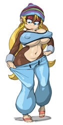 anthro ape baggy_pants beanie blonde_hair blue_eyes breasts brown_fur cleavage donkey_kong_(series) ear_piercing earrings eyelashes feet female female_only furry hoop_earrings hourglass_figure huge_breasts lipstick long_hair looking_down mammal navel nintendo nipple_bulge perky_breasts pink_lipstick primate sandals solo standing sweatpants tiny_kong toes toomanyboners twintails underboob undressing white_background wide_hips