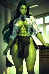 1girls abs ai_generated big_breasts breasts female female_only green_hair green_skin hulk_(series) jennifer_walters large_breasts marvel marvel_comics muscles muscular muscular_arms muscular_female ripped_clothing she-hulk skirt solo solo_female vitoryt