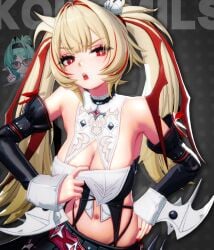 2girls 3d 3d_model bare_shoulders breasts claret_(zenless_zone_zero) cleavage female female_only glasses green_hair kokomils large_breasts long_hair meme midriff midriff_baring_shirt navel painted_nails pale-skinned_female pale_skin pigtails platinum_blonde_hair red_eyes tsundere two-tone_hair zenless_zone_zero