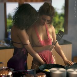 2022 2c3d 2girls 3d apron black_hair breasts_out brown_hair depth_of_field female female_only holding_object holding_spatula indoors kitchen multiple_girls panties red_apron small_breasts white_panties yuri