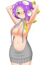 1girls armpits arms_behind_head backwards_clothing backwards_virgin_killer_sweater blush breasts cleavage green_eyes hair_up hands_behind_head hi_res hourglass_figure light-skinned_female light_skin long_hair medium_breasts multicolored_hair nintendo nobunagapero octoling octoling_girl peronattu purple_hair reverse_virgin_killer_sweater simple_background solo splatoon splatoon_(series) sweat sweater tentacle_hair upscaled virgin_killer_sweater white_background yellow_hair