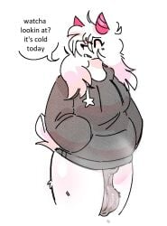 2023 anthro balls blissful bodily_fluids bottomless bovid caprine clothed clothing digital_drawing_(artwork) digital_media_(artwork) english_text fur genitals goat grey_balls gynomorph hair hands_in_both_pockets hoodie hoodie_only horn intersex mammal musky_balls nier_(pinkshinyhorns) one_eye_obstructed open_mouth pink_horn pinkshinyhorns saggy_balls solo speech_bubble standing sweat sweaty_balls sweaty_genitalia text topwear topwear_only unaware white_body white_fur white_hair