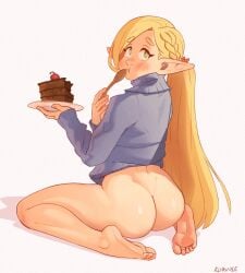 1girls ass back_view blonde_hair bottomless cake delicious_in_dungeon dungeon_meshi eating feet female female_only food klimspree marcille_donato sitting solo sweater wariza