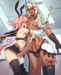 1boy 1futa animal_ears astolfo_(fate) astolfo_(saber)_(fate) better_than_girls black_gloves black_skirt blue_eyes breasts caenis_(fate) compare_cocks covered_nipples cum dark-skinned_female dark_skin ejaculation elbow_gloves erection fake_animal_ears fate/grand_order fate_(series) female femboy frottage futanari gloves hairband heart highres hug large_breasts long_hair microskirt navel one_eye_closed open_mouth penis pink_hair pleated_skirt purple_eyes rabbit_ears short_hair skin_fang skirt sulcate testicles veins veiny_penis white_hair