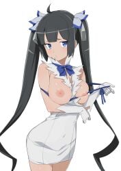 1girls areolae bare_shoulders big_breasts black_hair blush blush_lines breasts breasts_out breasts_out_of_clothes dress dungeon_ni_deai_wo_motomeru_no_wa_machigatteiru_darou_ka female female_only gloves hestia_(danmachi) large_breasts light-skinned_female light_skin long_hair morisobo nipples simple_background solo solo_female twintails white_background