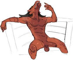 alpha_channel anthro balls biped bodily_fluids countershade_neck countershade_torso countershading erection fingers foreskin genitals hair humanoid_genitalia humanoid_penis jam_(artist) kareed_barrelforge male open_mouth penis scalie simple_background solo sweat tongue tongue_out transparent_background