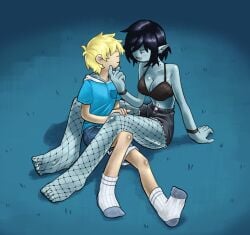 1boy 1girls adventure_time barefoot belly_piercing between_legs bigger_female blush bra bracelet caress cartoon_network cleavage closed_eyes duo duo_focus ear_piercing fangs finn_the_human fishnet_legwear full_body grass hand_on_leg hood legwear lofty_(artist) looking_at_partner marceline open_mouth shirt short_hair shorts slender socks tongue underwear vampire vampire_girl