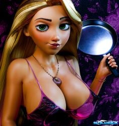 1girls 3d big_breasts blonde_hair disney green_eyes long_hair looking_at_viewer no_bra rapunzel skyblade3dx solo tangled watermark