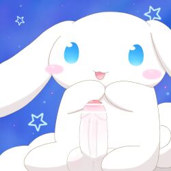 1boy big_balls big_ears big_penis blue_eyes blush_stickers canid canine censored censored_penis cinnamon_(cinnamoroll) cinnamoroll cinnamoroll_(series) cloud humanoid_genitalia humanoid_penis long_ears night_sky partially_censored sanrio starry_background starry_sky usagityann_(artist) white_body