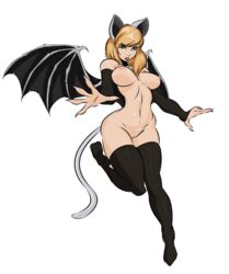 animal_ears bat_wings blonde_hair bunny_and_fox_world clumzor demon_girl female full-length_portrait full_length kneesocks monster_girl portrait sapphic_neko solo standing tail wings