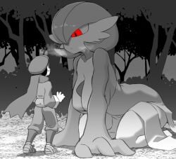 1boy alpha_pok&eacute;mon alpha_pokemon arm_support bob_cut breasts breath bush cabbie_hat cleavage closed_mouth collarbone expressionless facing_away fanny_pack female female_gardevoir forest full_body gardevoir generation_3_pokemon giant grass greyscale hair_over_one_eye hand_up hanging_breasts hat japanese_clothes kimono large_breasts leaning_forward leg_warmers long_sleeves looking_at_another looking_down looking_up monochrome nature one_eye_covered outdoors pants pero_(pero7762) pokemon pokemon_(species) pokemon_legends:_arceus red_eyes rei_(pokemon) sandals scarf short_hair sitting size_difference spot_color standing tall_female tree wariza wide_sleeves