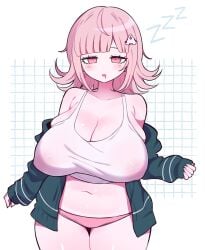 barely_visible_nipples bedroom_eyes belly center_opening clarevoir danganronpa danganronpa_2:_goodbye_despair drooling female_only gigantic_breasts half-closed_eyes nanami_chiaki nipple_bulge open_jacket see-through_clothing sleepy thick_thighs wide_hips zzz