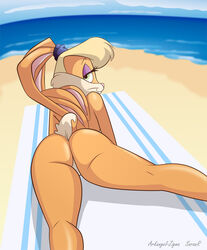 1girls arkangel-zigma ass beach colored dat_ass female female_only lola_bunny looking_at_viewer looney_tunes lying_down nude saran-rape solo space_jam the_looney_tunes_show towel