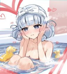 absurdres alternate_hairstyle bath blue_eyes blue_hair blunt_bangs blunt_tresses blush double_bun genshin_impact hair_bun hair_ribbon highres kamisato_ayaka light_blue_hair moti11kkk29 nude ribbon rubber_duck simple_background solo_female tress_ribbon