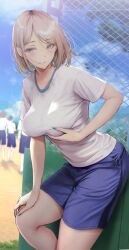 absurdres blonde_hair blue_shorts breast_hold breasts commentary_request day female fence gentsuki highres large_breasts leaning_forward looking_at_viewer original outdoors pale_blonde_hair shirt short_hair short_sleeves shorts smile solo_focus thighs white_shirt