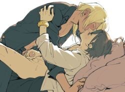 2boys apollo_justice bed bed_sheet bishonen black_pants black_shirt blonde_hair blush bottomless bracelet brown_hair closed_eyes clothed_sex color cum cum_on_body cum_on_stomach erection femboy gay girly gyakuten_saiban hand_on_another's_shoulder handjob kissing klapollo klavier_gavin male male_only nennen610 open_shirt partially_clothed passionate penis penis_grab pillow short_hair skinny sweat unzipped unzipped_pants white_shirt yaoi