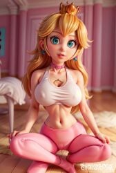 ai_generated blonde_hair blue_eyes breasts choker crown earrings gym_uniform mario_(series) nipple_bulge princess_peach princess_peach_(movie) sports_bra stickyspoodge super_mario_bros._(2023_film) underboob white_skin yoga_pants