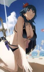 alternate_costume beach bikini black_bikini black_cape black_swimsuit blue_eyes blue_hair blue_sky breasts byleth_(female)_(fire_emblem) byleth_(female)_(summer)_(fire_emblem) byleth_(fire_emblem) byleth_(fire_emblem)_(female) cape cleavage cloud female female_only fire_emblem fire_emblem:_three_houses fire_emblem_heroes flower hair_flower hair_ornament hibiscus highres kneeling large_breasts long_hair navel nintendo official_alternate_costume outdoors red_flower sand sky solo solo_focus swimsuit sword_of_the_creator zv6dllrzu725132