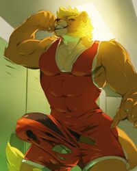 1boy anthro balls beefy bulge cocky daddy flex flexing fur jock lion locker_room male male_only manly muscular penis ripped_clothes ripped_clothing singlet solo spandex tatsumichi torn_clothing wrestler