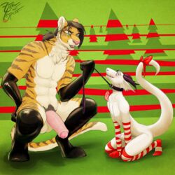 bondage christmas ctrl_alt_spiff ctrl_alt_yiff diamondwing dragon erection feline gloves hi_res holidays huge_cock leash male male_only mammal penis rubber size_play socks striped striped_legwear striped_socks stripes thelapdragon thighhighs tiger zane_darkpaw