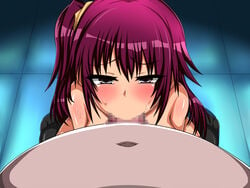 censored eye_contact fat_man fellatio female hair humanoid long_hair looking_at_viewer oral pov purple_hair umidori violet_hair