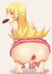 1girls all_fours anus arm_support bakemonogatari bandaid bandaid_on_pussy bare_shoulders beige_background blonde_hair blush brown_eyes butt creampie cum cumdrip doughnut female food from_above from_behind gaping_anus highres long_hair looking_back monogatari_(series) mouth_hold no_panties oshino_shinobu pink_skirt pointy_ears profile shirt shoutai_(7490773) simple_background skirt sleeveless sleeveless_shirt soles solo spread_anus squatting vampire white_shirt