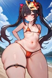 1girls =_= ai_generated beach bikini bottom_heavy cameltoe female female_focus female_only gigantic_thighs hand_on_hip honkai:_star_rail mask mask_on_head micro_bikini small_breasts sparkle_(honkai:_star_rail) stable_diffusion sunlight sweaty thick_thighs thigh_strap unamused wide_hips