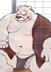 2024 anthro asian_clothing balls bear belly big_belly bulge clothing east_asian_clothing facial_hair fundoshi genitals japanese_clothing kemono male mammal mature_male moobs moustache navel nipples overweight overweight_male penis polar_bear sitting smoking solo underwear ursine yaoyasohachi