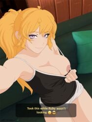 1girls big_breasts blonde_hair breast_press breasts breasts_out busty fit_female flashing flashing_breasts large_breasts looking_at_viewer naughty_face necromalock pink_eyes ponytail presenting presenting_breasts purple_eyes rwby selfie smile tank_top yang_xiao_long