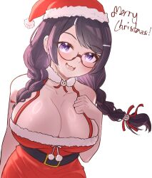 :3 bakemonogatari big_breasts black_hair christmas female female_only glasses hanekawa_tsubasa light-skinned_female monogatari_(series) otawan twin_braids