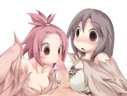 1boy 2girls bangs_pinned_back bare_shoulders blush bmp-to-png_conversion breasts brown_eyes brown_feathers brown_hair brown_wings censored cleavage feathered_wings feathers harpy long_hair looking_at_penis medium_breasts mon-musu_quest! monster_girl mosaic_censoring multiple_girls non-web_source open_mouth penis pii_(mon-musu_quest!) pina_(mon-musu_quest!) pov red_hair siblings sisters small_breasts tank_top transparent_background winged_arms wings