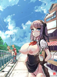 1boy 2girls ass bar_censor bent_over bent_over_railing blue_eyes blush breasts brother_and_sister censored cloud dagashi_kashi dress dress_lift endou_saya_(dagashi_kashi) endou_tou exposed_breasts gao-lukchup gloves hairband incest large_breasts multiple_girls nipples no_panties no_panties_under_skirt open_shirt outdoors outdoors_sex panties panties_down pants_pull panty_pull public public_nudity public_sex purple_hair pussy sex shidare_hotaru skirt_up sky straight_sex taken_from_behind underwear